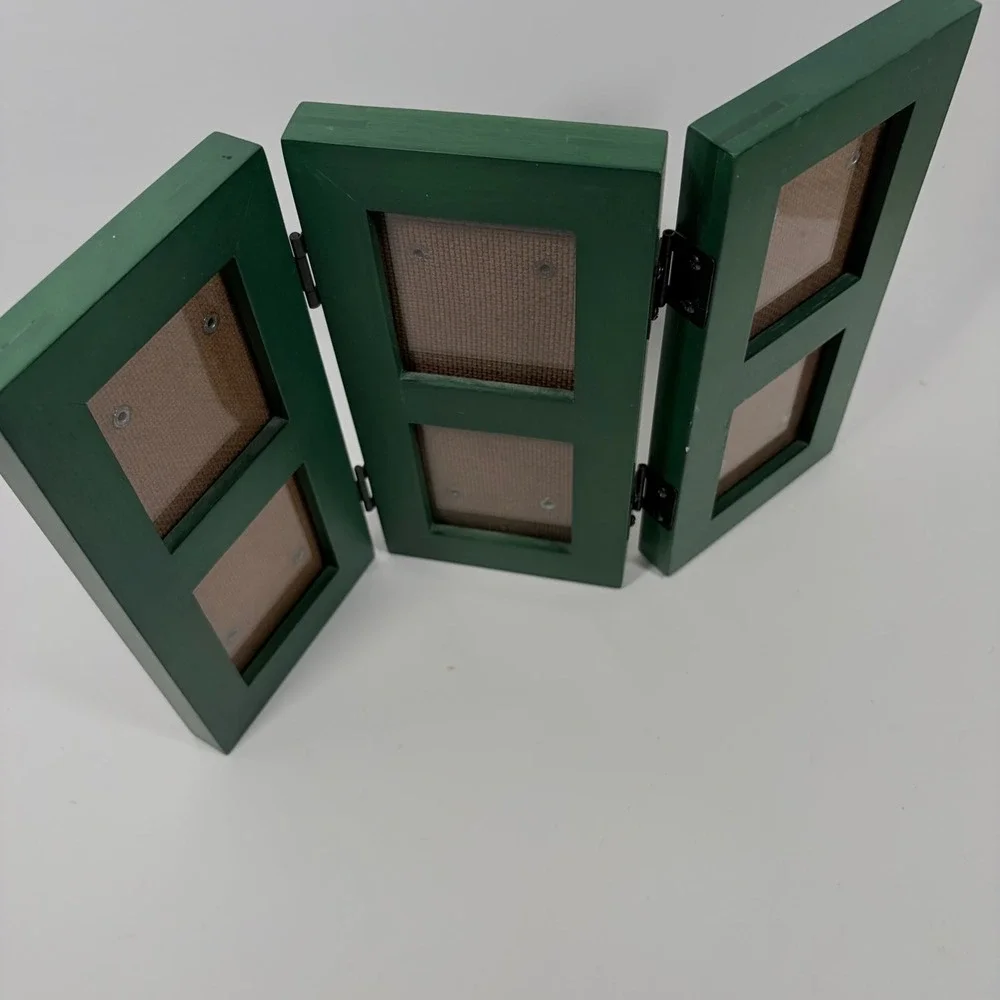 Green Wood Tri-Fold Picture Frame 6 Opening Hinged Cottagecore Tabletop Decor